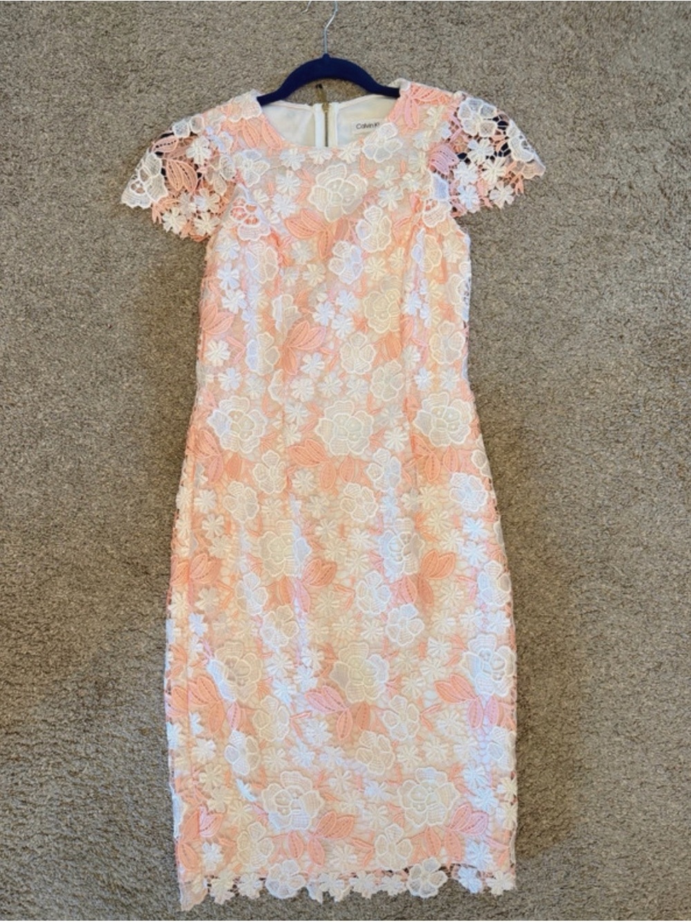 Calvin Klein Pink and White Lace Midi Dress Size 2